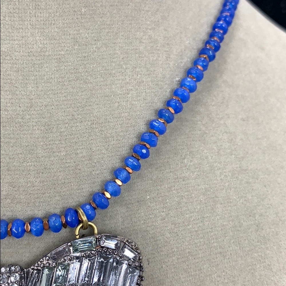 ⭐️Adorned Crown artisan assemblage gold lapis rhinestone bow necklace - Picture 3 of 9